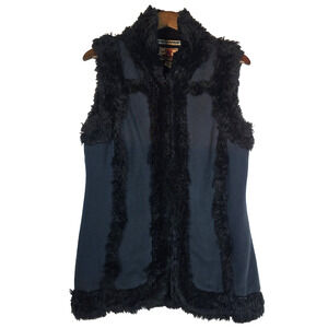 Lucky Brand Black Outerwear Vest with Faux Fur Trim Women's Large Bohemian